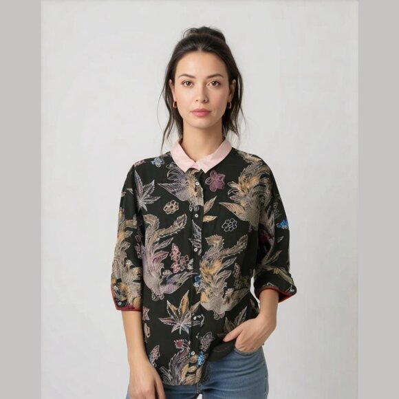 Sandro Paris Brown Floral Pink Collared Silk Blouse - Picture 1 of 14